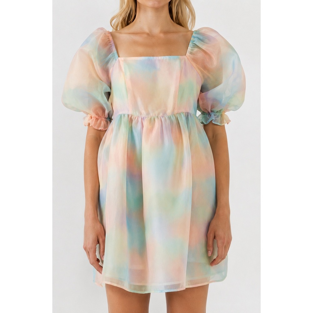 Endless Rose Rainbow Pastel Organza Mini Dress Puff Sleeve Square Neck L